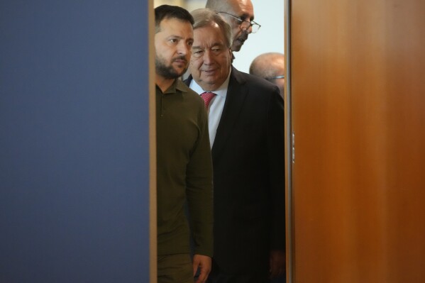 Ukranian President Volodymyr Zelenskyy, left, meets with United Nations Secretary-General Antonio Guterres, Tuesday, Sept. 19, 2023 at United Nations headquarters. (AP Photo/Mary Altaffer)