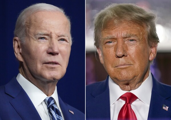 In this combination of photos, President Joe Biden, left, speaks on Aug. 10, 2023, in Salt Lake City, and former President Donald Trump speaks on June 13, 2023, in Bedminster, N.J. Biden and Trump will make dueling trips to the U.S.-Mexico border in Texas on Thursday, Feb. 29, 2024, following the failed border deal that was opposed by the Republican front-runner. (AP Photo)