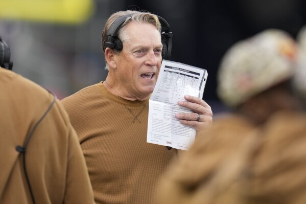 FILE - Washington Commanders defensive coordinator Jack Del Rio during an NFL football game, Sunday, Nov. 5, 2023, in Foxborough, Mass. The Washington Commanders have fired defensive coordinator Jack Del Rio and defensive backs coach Brent Vieselmeyer. Del Rio was 12 games into his fourth season with the team. The moves made Friday, Nov. 24, come after the Commanders lost 45-10 at Dallas on Thursday. (AP Photo/Charles Krupa, File)