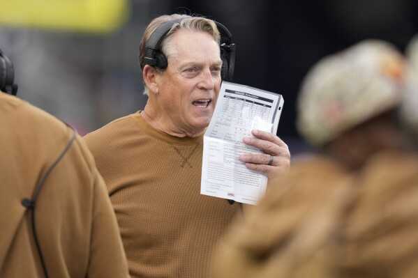 FILE - Washington Commanders defensive coordinator Jack Del Rio during an NFL football game, Sunday, Nov. 5, 2023, in Foxborough, Mass. The Washington Commanders have fired defensive coordinator Jack Del Rio and defensive backs coach Brent Vieselmeyer. Del Rio was 12 games into his fourth season with the team. The moves made Friday, Nov. 24, come after the Commanders lost 45-10 at Dallas on Thursday. (AP Photo/Charles Krupa, File)