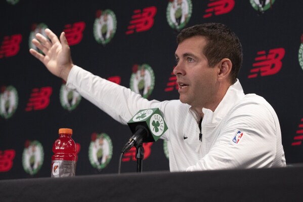 Brad Stevens, the Boston Celtics' president of basketball operations, speaks at a news conference during the NBA basketball team's media day, Sept. 24, 2024, in Boston. (AP Photo/Michael Dwyer, File)