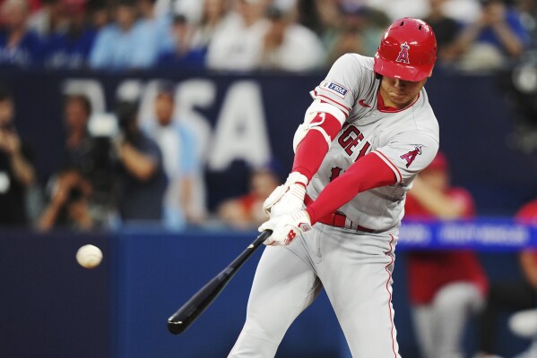 Los Angeles Angels designated hitter Shohei Ohtani wears a jersey