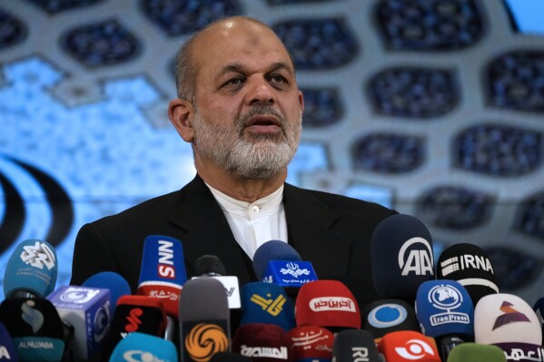 FILE - Iran's Interior Minister Ahmad Vahidi briefs the media on elections in Tehran, Iran, March 4, 2024. Argentina sought the arrest of Vahidi on April 23, 2024, over his alleged involvement in the deadly 1994 bombing of Buenos Aires Jewish community center. (AP Photo/Vahid Salemi, File)