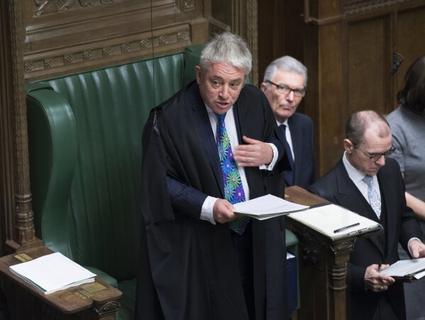 
              Speaker of the House of Commons John Bercow speaks during a debate before a no-confidence vote on Britain's Prime Minister Theresa May raised by opposition Labour Party leader Jeremy Corbyn, in the House of Commons, London, Wednesday Jan. 16, 2019.  In a historic defeat for the government Tuesday, Britain's Parliament discarded May's Brexit deal to split from the European Union, and May now faces a parliamentary vote of no-confidence Wednesday. (Jessica Taylor, UK Parliament via AP)
            