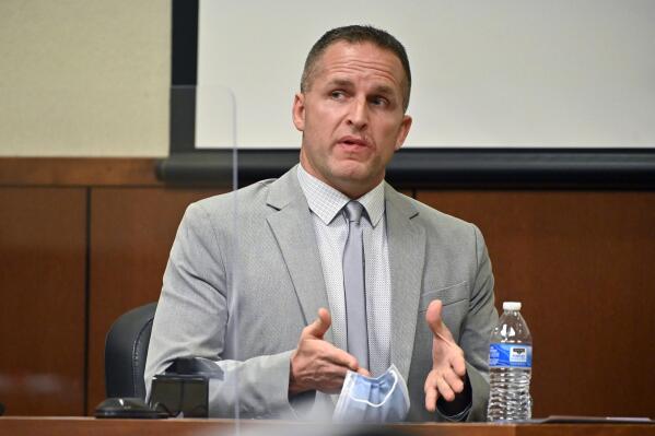 Former Louisville Police officer Brett Hankison is questioned by his defense attorney Wednesday, March 2, 2022, in Louisville, Ky. Hankison is currently on trial, charged with wanton endangerment for shooting through Breonna Taylor's apartment into the home of her neighbors during botched police raid that killed Taylor. (AP Photo/Timothy D. Easley, Pool)