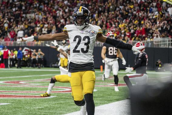 FILE - Pittsburgh Steelers safety Damontae Kazee (23) celebrates during the second half of an NFL football game against the Atlanta Falcons, Dec. 4, 2022, in Atlanta. Kazee signed a two-year deal to remain in Pittsburgh on Tuesday, April 4, 2023. (AP Photo/Danny Karnik, File)