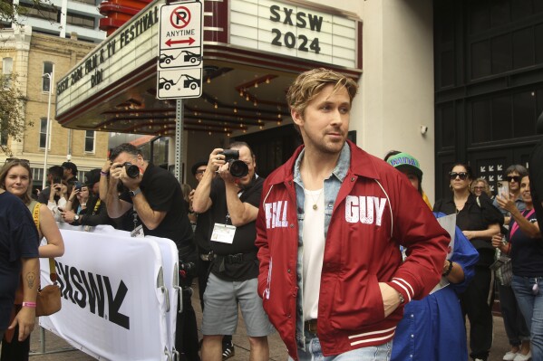 Ryan Gosling arrives for the world premiere of "The Fall Guy" at the Paramount Theatre during the South by Southwest Film Festival on Tuesday, March 12, 2024, in Austin, Texas. (Photo by Jack Plunkett/Invision/AP)