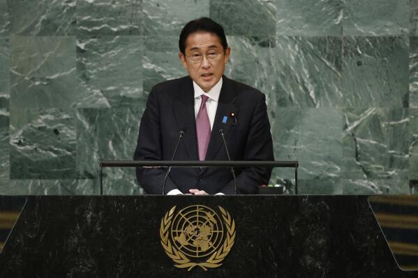 Prime Minister of Japan Fumio Kishida addresses the 77th session of the United Nations General Assembly, at U.N. headquarters, Tuesday, Sept. 20, 2022. (AP Photo/Jason DeCrow)