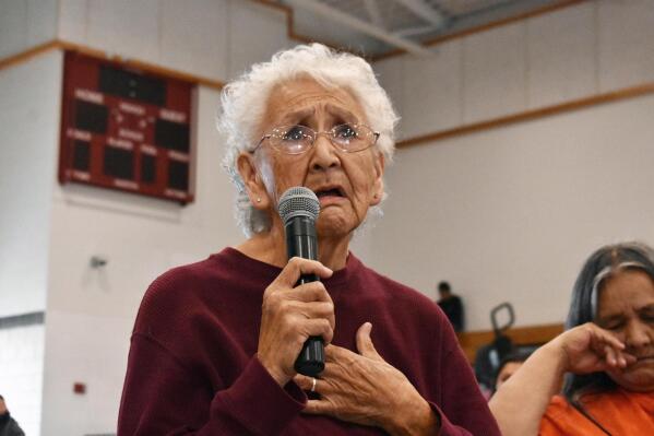 Rosalie Whirlwind Soldier talks about the abuse she suffered at a Native American boarding school on the Rosebud Sioux Reservation in Mission, S.D., Saturday, Oct. 15, 2022. Whirlwind Soldier recalled being locked in a basement at the school for weeks as a punishment. (AP Photo/Matthew Brown)