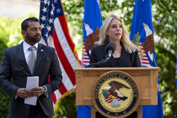 Attorney General Pam Bondi, right, and FBI Director Kash Patel speak during a news conference at the Department of Justice, Wednesday, May 7, 2025, in Washington. (AP Photo/Alex Brandon)