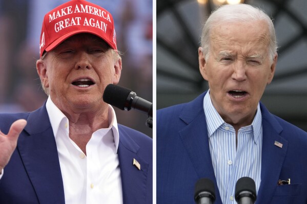 Republican presidential candidate, former President Donald Trump, left, speaks at a campaign rally in Las Vegas, June 9, 2024, and President Joe Biden speaks at White House in Washington, June 4, 2024. Biden won the Democratic caucuses in Guam and the Virgin Islands on Saturday, June 8, the final two contests of a 2024 primary calendar that has set the stage for a historic general election rematch against Trump. Biden and Trump have largely pivoted to the general election, despite the persistent protest votes they faced in later contests. (AP Photo)