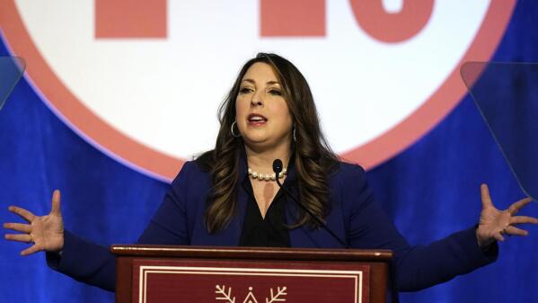 Ronna McDaniel, the GOP chairwoman, speaks during the Republican National Committee winter meeting Friday, Feb. 4, 2022, in Salt Lake City. Republican Party officials voted to punish GOP Reps. Liz Cheney and Adam Kinzinger for their roles on the House committee investigating the Jan. 6 insurrection and advanced a rule change that would prohibit candidates from participating in debates organized by the Commission on Presidential Debates. (AP Photo/Rick Bowmer)