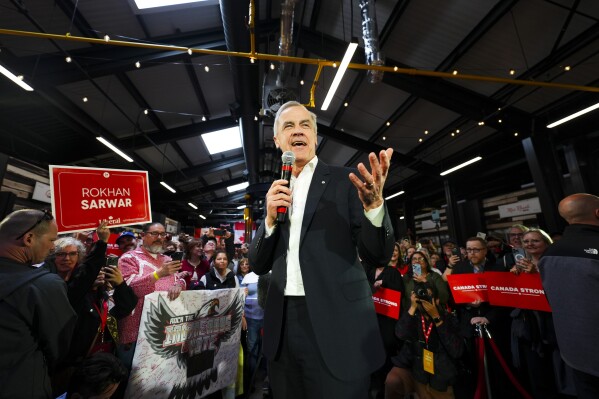Liberal Leader Mark Carney makes a campaign stop in Saskatoon, Saskatchewan, Sunday, April 27, 2025. (Sean Kilpatrick/The Canadian Press via AP)