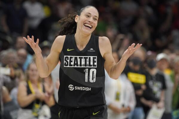 Seattle Storm guard Sue Bird reacts after attempting a basket against the Washington Mystics during the second half of a WNBA basketball playoff game, Sunday, Aug. 21, 2022, in Seattle. (AP Photo/Ted S. Warren)