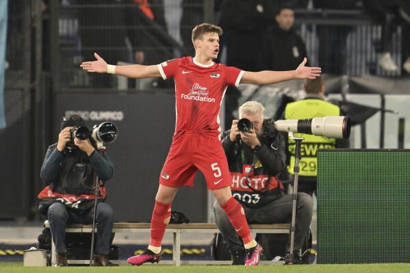 Alkmaar's Vangelis Pavlidis celebrates during the during the Europa Conference League round of 16 first leg soccer match between Lazio and AZ Alkmaar, at Olympic Stadium, in Rome, Tuesday, March 7, 2023. (Alfredo Falcone/LaPresse via AP)