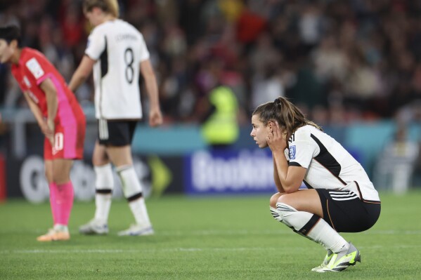 Germany's Lena Oberdorf reacts following the Women's World Cup Group H soccer match between South Korea and Germany in Brisbane, Australia, Thursday, Aug. 3, 2023. (AP Photo/Katie Tucker)