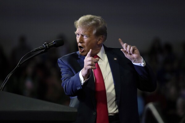 Republican presidential candidate former President Donald Trump speaks at a Get Out The Vote rally at Coastal Carolina University in Conway, S.C., Saturday, Feb. 10, 2024. (AP Photo/Manuel Balce Ceneta)