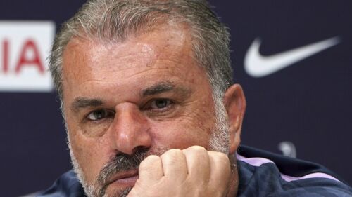 Tottenham Hotspur manager Ange Postecoglou speaks during a press conference at Tottenham Hotspur Training Centre, London, Monday July 10, 2023. (Lucy North/PA via AP)