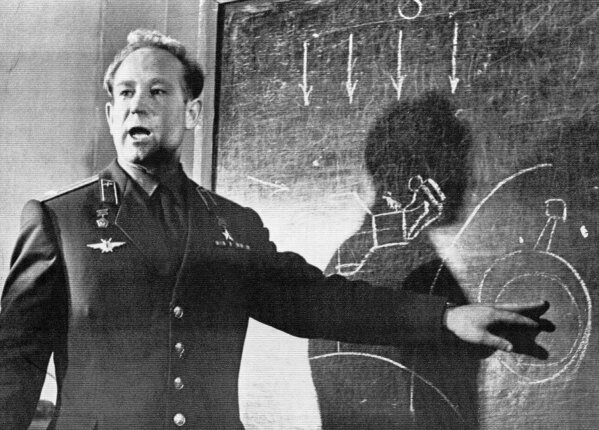 FILE - In this March 26, 1965 file photo, Cosmonaut Alexei Leonov, who stepped into space from the Voskod-2 spaceship, speaks in Moscow, Russia. Alexei Leonov, the first human to walk in space, died in Moscow on Friday, Oct. 11, 2019. He was 85. (AP Photo, File)