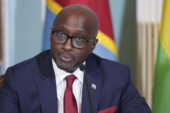 Rwanda's Foreign Minister Olivier Nduhungirehe, speaks during a Declaration of Principles signing ceremony with Secretary of State Marco Rubio and Congo's Foreign Minister Therese Kayikwamba Wagner, Friday, April 25, 2025, at the State Department in Washington. (AP Photo/Jacquelyn Martin)