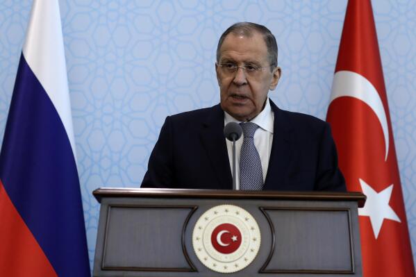 Russia's Foreign Minister Sergey Lavrov speaks during a joint news conference with Turkish Foreign Minister Mevlut Cavusoglu after their talks, in Ankara, Turkey, Friday, April 7, 2023. Lavrov and Cavusoglu have discussed regional issues and bilateral relations.(AP Photo/Burhan Ozbilici)