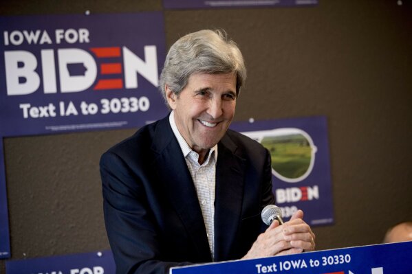 FILE - In this Jan. 9, 2020, file photo former Secretary of State John Kerry smiles while speaking at a campaign stop to support Democratic presidential candidate former Vice President Joe Biden at the Biden for President Fort Dodge Office in Fort Dodge, Iowa. (AP Photo/Andrew Harnik, File)