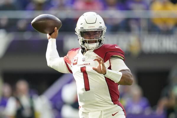 Arizona Cardinals quarterback Kyler Murray (1) throws a pass during the first half of an NFL football game against the Minnesota Vikings, Sunday, Oct. 30, 2022, in Minneapolis. (AP Photo/Abbie Parr)
