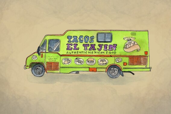 An illustration made from a photo of Tomas Lopez's taco truck.  (AP Illustration/Peter Hamlin)