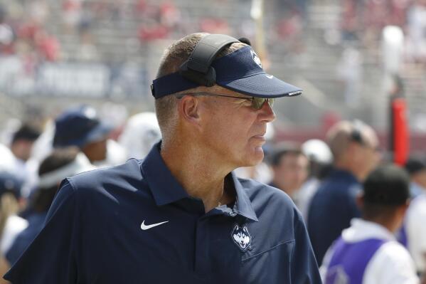 Connecticut coach Randy Edsall watches the team play Fresno State during the second half of an NCAA college football game in Fresno, Calif., Saturday, Aug. 28, 2021. (AP Photo/Gary Kazanjian)
