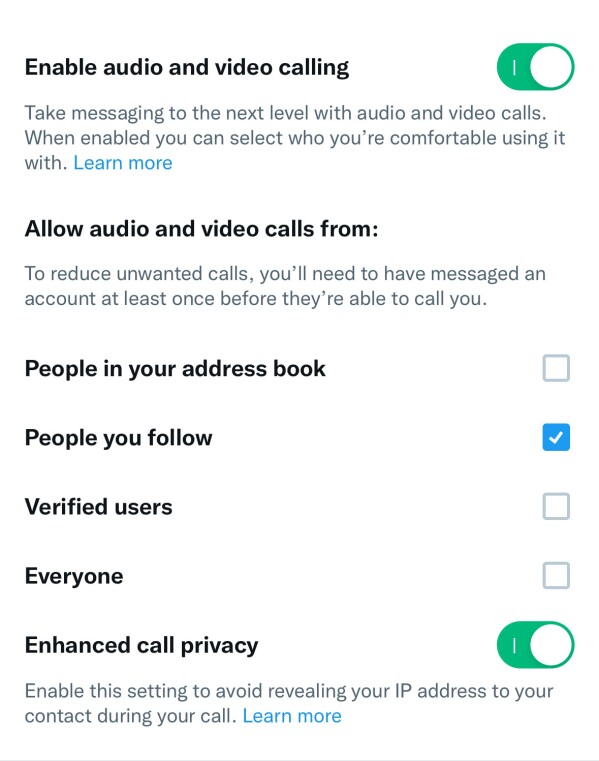 This screenshot made on Monday, March 4, 2024, shows settings to change on X if a user wants to avoid random calls from people they may not know or want to hide their IP address from the X community. (AP Photo)