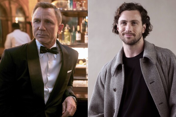 This combination of photos shows actor Daniel Craig as James Bond in a scene from "No Time To Die," left, and actor Aaron Taylor-Johnson at the Giorgio Armani women's Fall-Winter 2024-25 collection in Milan, Italy, on Feb. 25, 2024. (Metro Goldwyn Mayer Pictures via AP, left, and AP Photo/Luca Bruno)