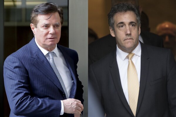 
              In these 2018 file photos, Paul Manafort leaves federal court in Washington, left and attorney Michael Cohen leaves federal court in New York. The one-two punch ahead of the midterm elections _ the plea from former Trump lawyer Cohen and the fraud conviction of one-time campaign chairman Manafort _ is presenting the biggest loyalty test yet for Republicans who have been reluctant to criticize the president. (AP Photo/File)
            