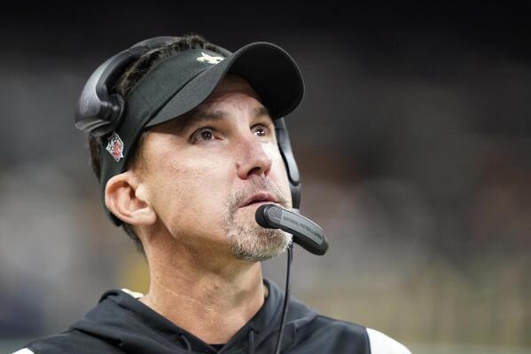 New Orleans Saints head coach Dennis Allen looks up at a video replay during the second half of an NFL football game against the Cincinnati Bengals in New Orleans, Sunday, Oct. 16, 2022. (AP Photo/Gerald Herbert)