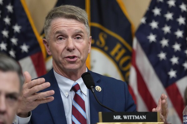 FILE - Rep. Rob Wittman, R-Va., questions witnesses during a hearing of a special House committee dedicated to countering China, on Capitol Hill, on Feb. 28, 2023, in Washington. A U.S. congressional delegation visiting Taiwan said Friday, Sept. 1, 2023 the U.S. would act if the island was attacked and promised to resolve the $19 billion backlog in its defense purchases from the U.S. (AP Photo/Alex Brandon, File)