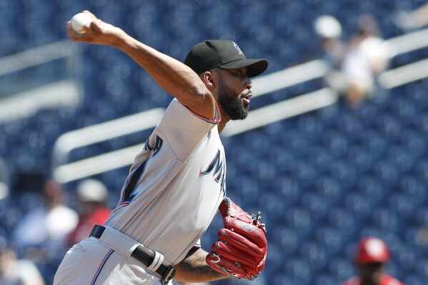 Miami Marlins pitcher Sandy Alcantara delivers to the Washington Nationals during the during the first inning of a baseball game, Sunday, Sept. 3, 2023, in Washington. (AP Photo/Luis M. Alvarez)