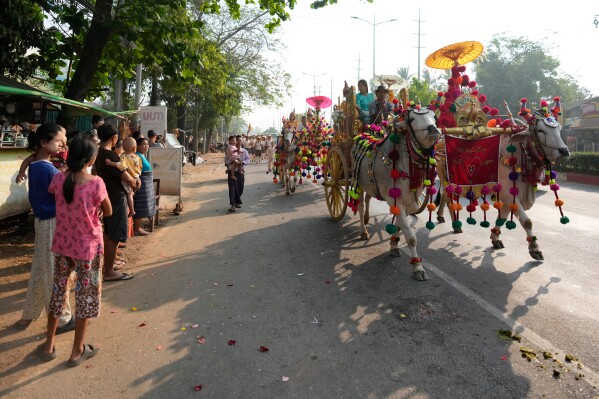 Children who are to become Buddhist nuns ride on decorated cow carts during a processional parade as part of a celebration of a novitiation or “Shinbyu,” ceremony, Saturday, March 15, 2025, at Hlegu township, outside of Yangon, Myanmar. (AP Photo/Thein Zaw)