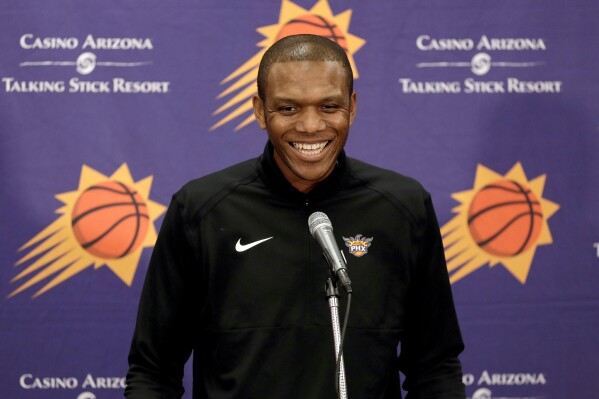 FILE - Phoenix Suns general manager James Jones speaks to the media regarding the firing of Suns head coach Igor Kokoskov, Wednesday, April 24, 2019, in Phoenix. Jones was a survivor during his 14-year NBA career, a 49th overall pick out of Miami who carved out a reputation as a valuable role player, contributing to three championship teams. His second career as an NBA executive is showing similar long-term strength. (AP Photo/Matt York, File)