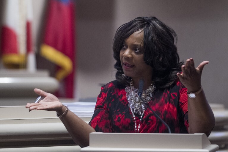 FILE - Alabama Rep. Merika Coleman talks during debate on the House floor at the Alabama Statehouse in Montgomery, Ala., March 27, 2018. Coleman is seeking the Democratic nomination in Alabama's 2nd Congressional District. (Mickey Welsh/The Montgomery Advertiser via AP, File)