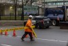 Workers block the entrance to the Rainbow Bridge border crossing between the U.S. and Canada, Wednesday, Nov. 22, 2023, in Niagara Falls, Ontario, after a vehicle exploded at a checkpoint on the American side of the bridge (Carlos Osorio/The Canadian Press via AP)