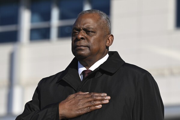 U.S. Secretary of Defense Lloyd Austin attends a welcome ceremony before an annual security meeting with South Korean Defense Minister Shin Won-sik at the Defense Ministry in Seoul, on Monday, Nov. 13, 2023. (Jung Yeon-je/Pool Photo via AP)