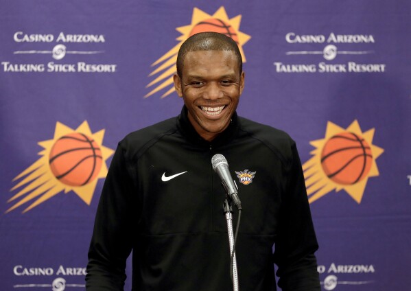 FILE - Phoenix Suns general manager James Jones speaks to the media regarding the firing of Suns head coach Igor Kokoskov, Wednesday, April 24, 2019, in Phoenix. Jones was a survivor during his 14-year NBA career, a 49th overall pick out of Miami who carved out a reputation as a valuable role player, contributing to three championship teams. His second career as an NBA executive is showing similar long-term strength. (AP Photo/Matt York, File)