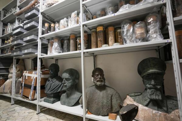 Busts of Italian military officers and high prelates from the Italian colonialist period are seen in a deposit of the Museo delle Civilta', Museum of Civilizations, in Rome, Friday, April 14, 2023. Italy, a long time victim of antiquities theft that has worked for decades to recover its treasures, is coming to terms with the fact that it, too has stolen loot in its museum collections: the relics of a brutal colonial empire that the country hasn't fully reckoned with. (AP Photo/Andrew Medichini)