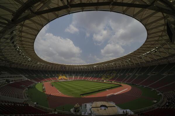 The newly built Olembé stadium in Yaoundé, Cameroon, Saturday, Jan. 8, 2022. The African Cup of Nations takes place in Cameroon and starts on Sunday, Jan. 9. (AP Photo/Themba Hadebe)