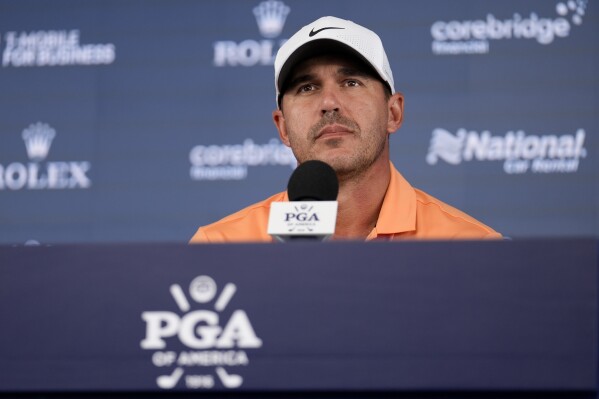 Brooks Koepka speaks during a news conference at the PGA Championship golf tournament at the Valhalla Golf Club, Wednesday, May 15, 2024, in Louisville, Ky. (AP Photo/Jeff Roberson)