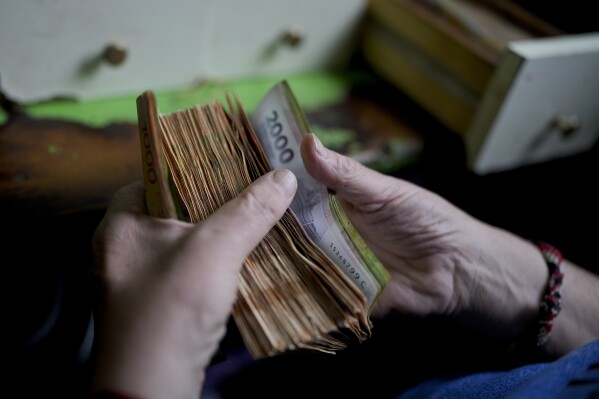 A worker counts money at a grocery store, in Buenos Aires, Argentina, Tuesday, Nov. 21, 2023. (AP Photo/Natacha Pisarenko)