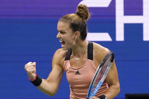 Maria Sakkari, of Greece, reacts during her match to Bianca Andreescu, of Canada, during the fourth round of the US Open tennis championships, Tuesday, Sept. 7, 2021, in New York. (AP Photo/John Minchillo)