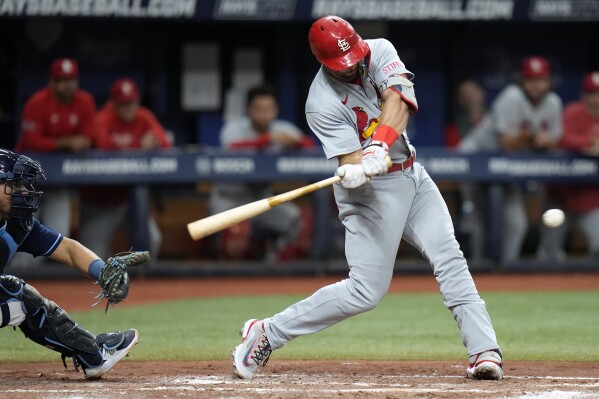 St. Louis Cardinals' Paul Goldschmidt connects for a two-run single off Tampa Bay Rays relief pitcher Kevin Kelly during the fourth inning of a baseball game Wednesday, Aug. 9, 2023, in St. Petersburg, Fla. (AP Photo/Chris O'Meara)