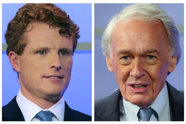 FILE - In this pair of June 1, 2020, file photos, Rep. Joe Kennedy III, left, and Sen. Edward Markey, D-Mass., right, wait for the start of a debate in Springfield, Mass. Kennedy is a candidate and Markey is the incumbent in the Sept. 1 Democratic primary election for Senate. (Matthew J. Lee/The Boston Globe via AP, Pool, File)