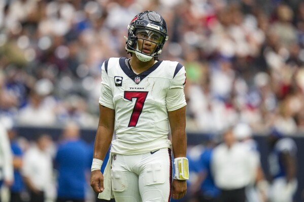 Houston Texans quarterback C.J. Stroud (7) looks to the sideline in the second half of an NFL football game against the Indianapolis Colts in Houston, Sunday, Sept. 17, 2023. (AP Photo/Eric Christian Smith)