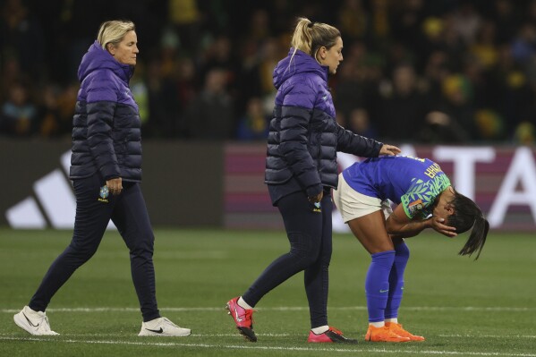 Brazil's Debinha, right, reacts after the Women's World Cup Group F soccer match between Jamaica and Brazil in Melbourne, Australia, Wednesday, Aug. 2, 2023. (AP Photo/Hamish Blair)